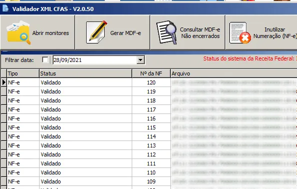 Tela do sistema Monitor de XML